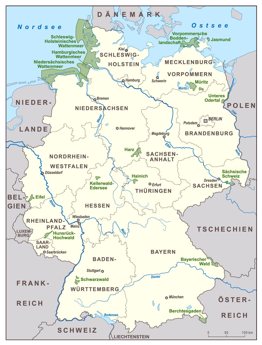Large scale national parks map of Germany