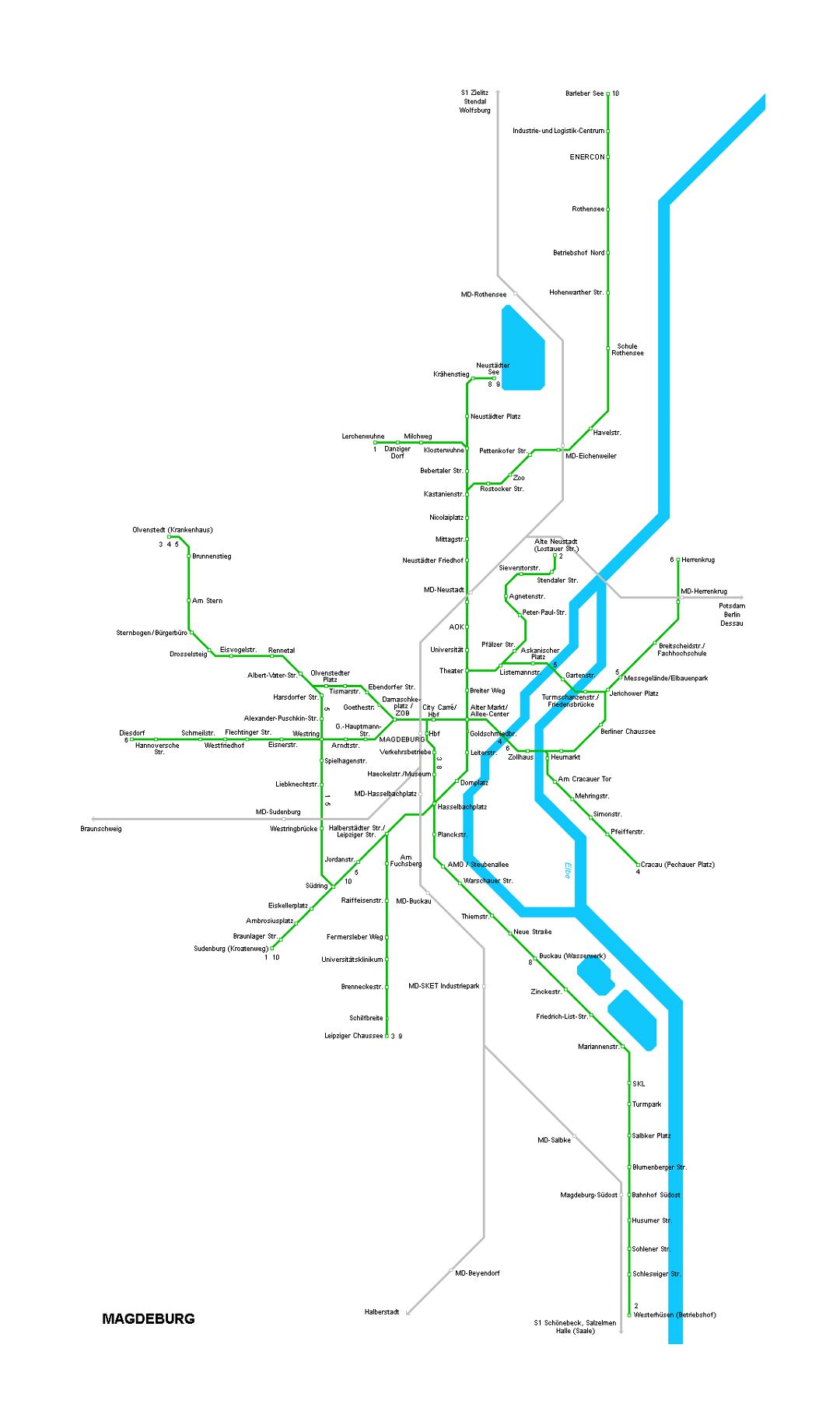 Detailed tram map of Magdeburg city