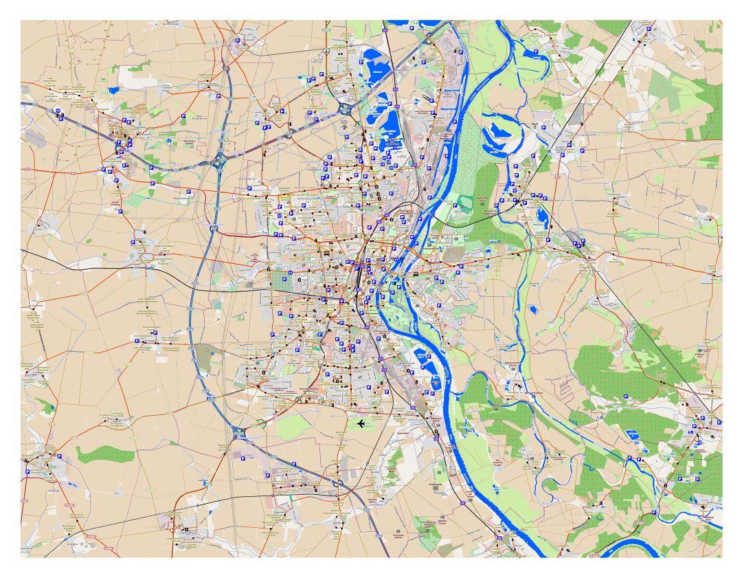Large detailed map of Magdeburg city and its surroundings