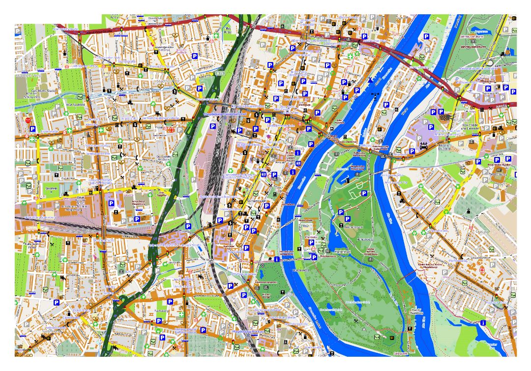 Large map of Magdeburg with other marks