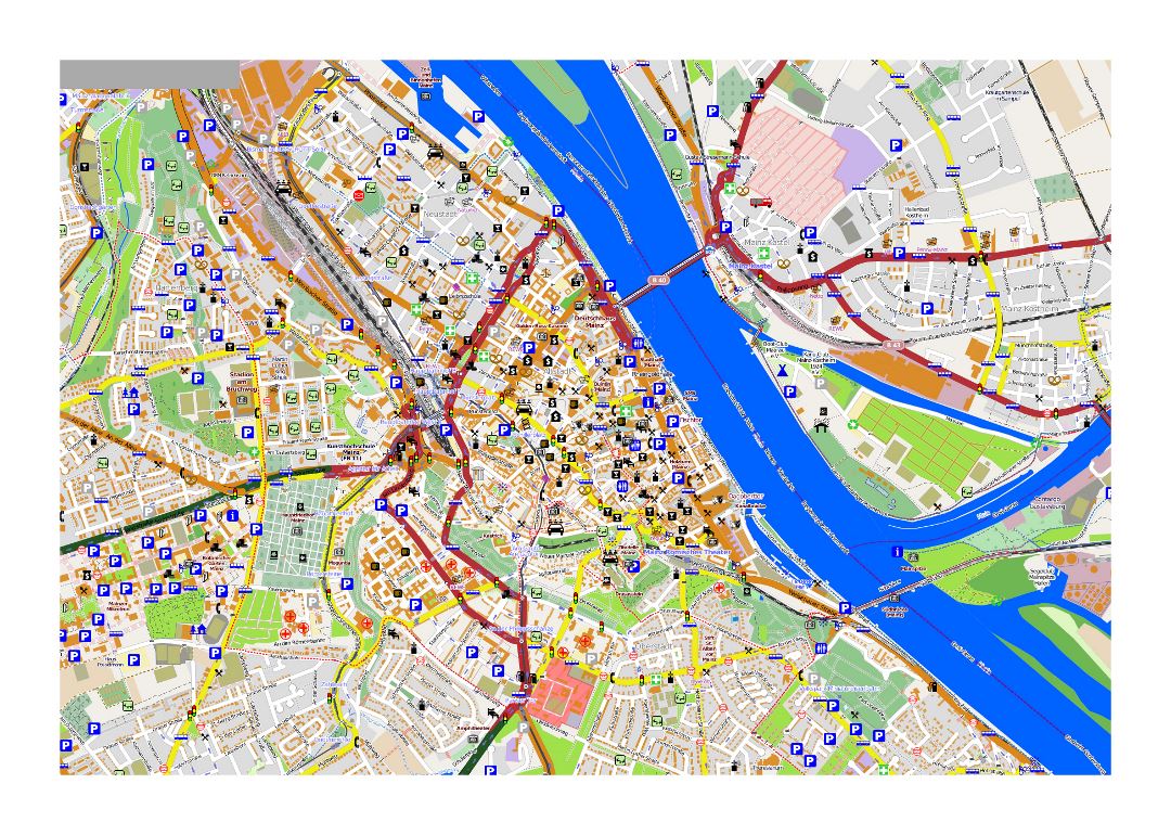 Large detailed map of Mainz with other marks