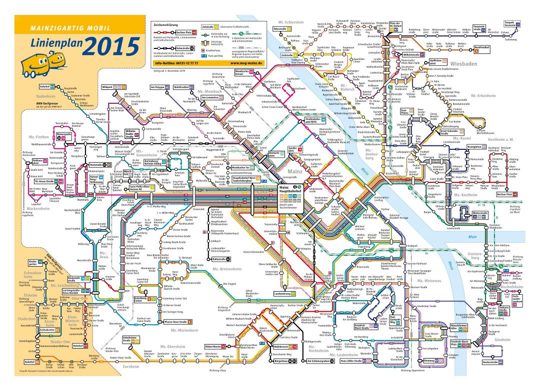 Large detailed public transport network map of Mainz city