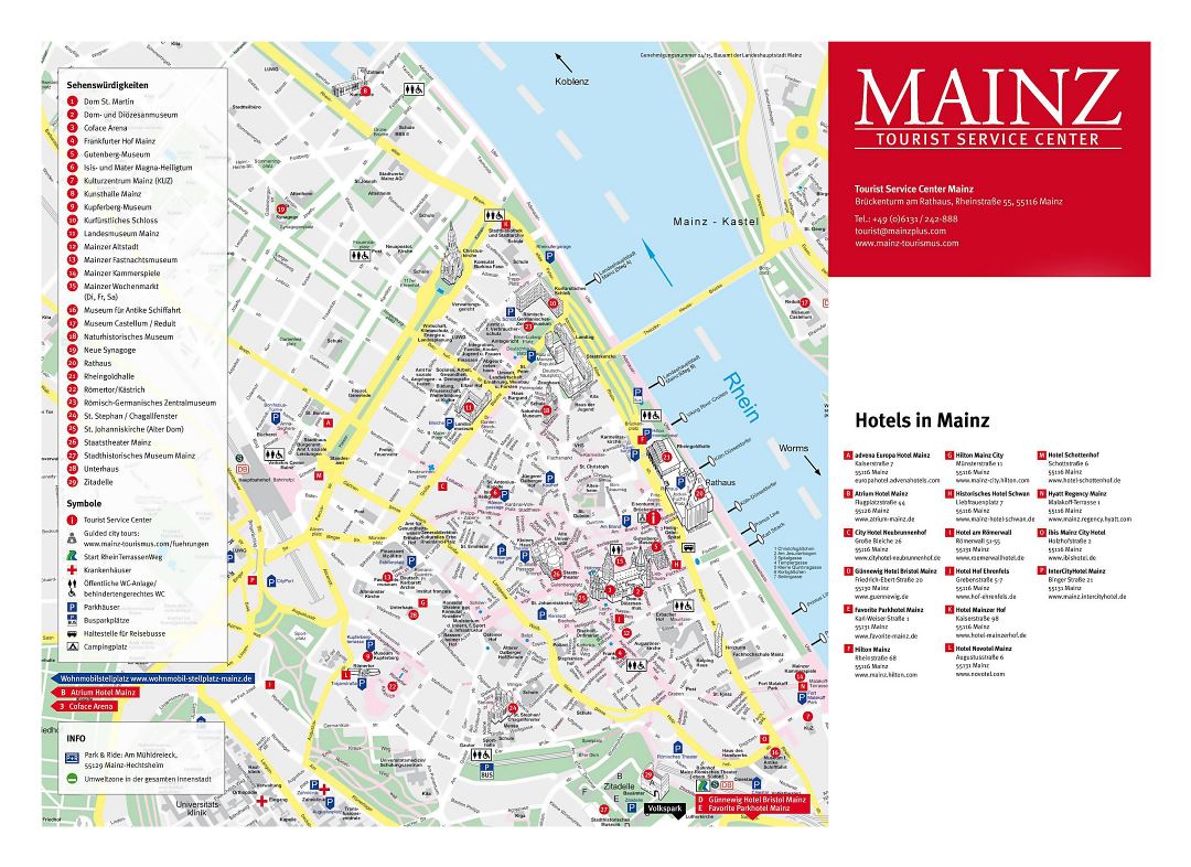 Large detailed tourist map of central part of Mainz city