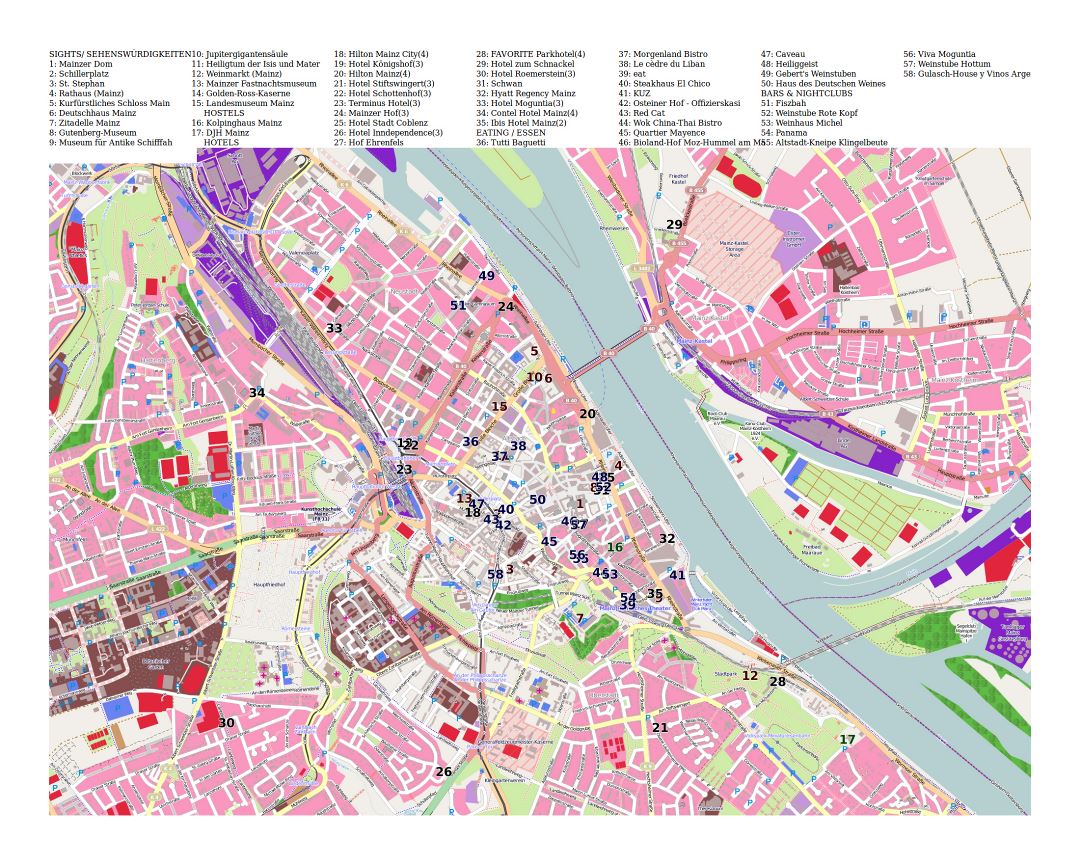 Large detailed tourist map of Mainz city