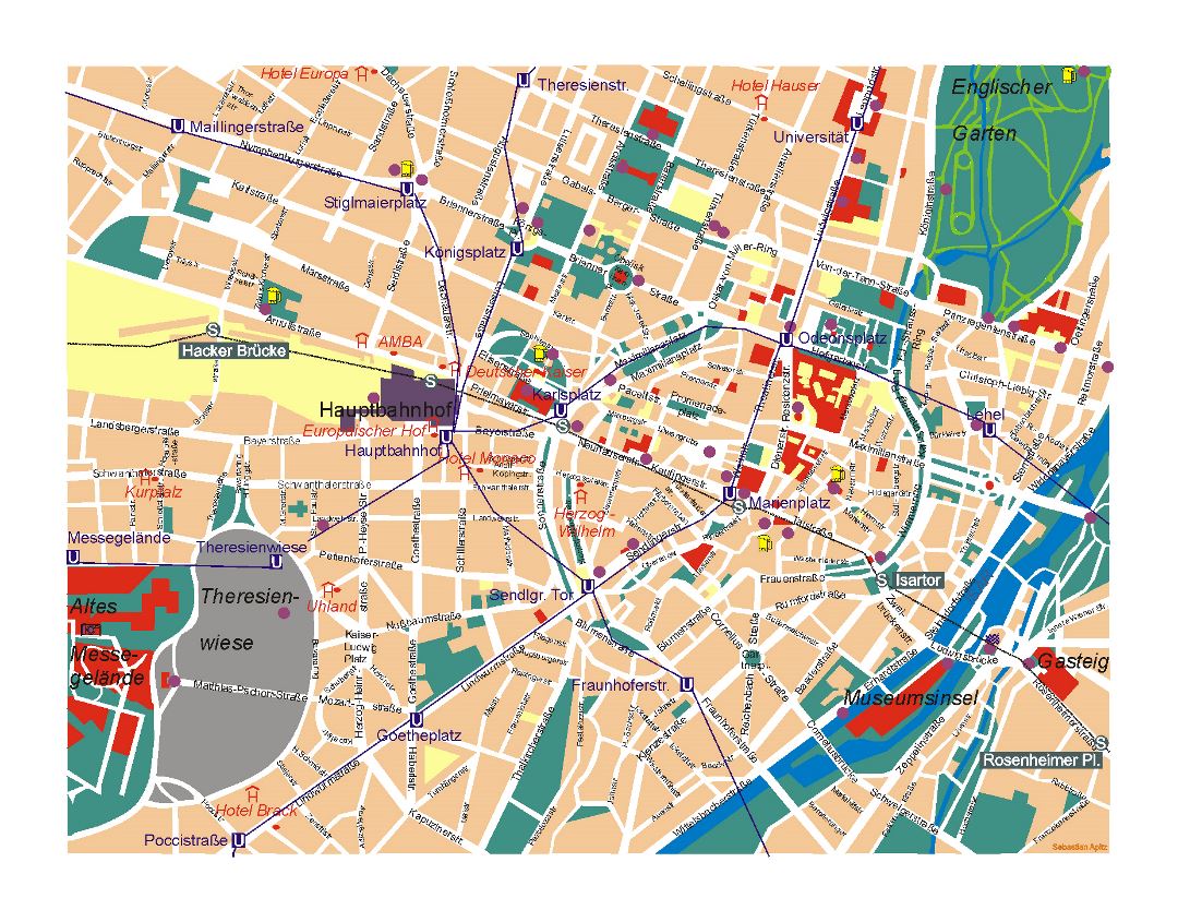 Detailed map of central part of Munich city
