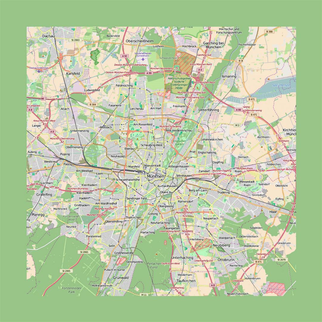 Detailed map of Munich city and its surroundings