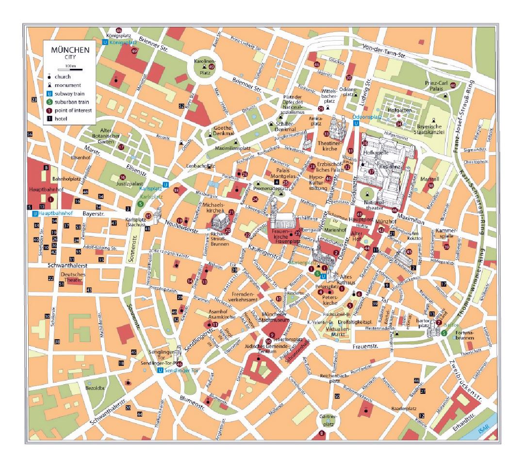 Detailed tourist map of downtown of Munich city