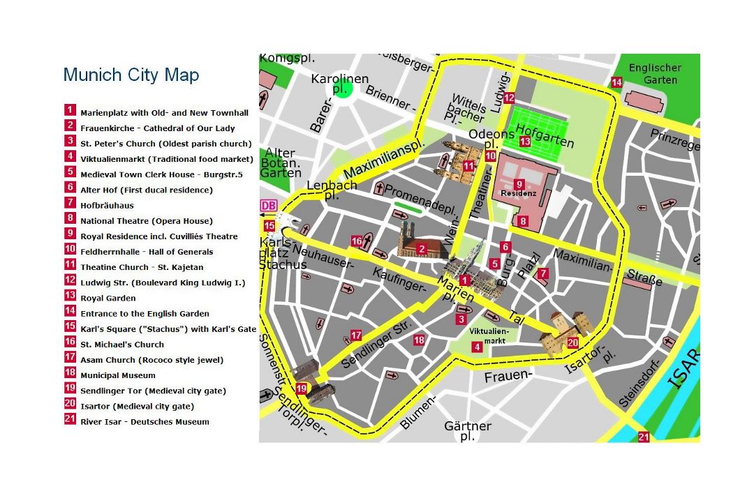 Detailed travel map of central part of Munich city