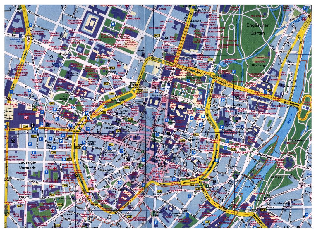 Large detailed map of central part of Munich city