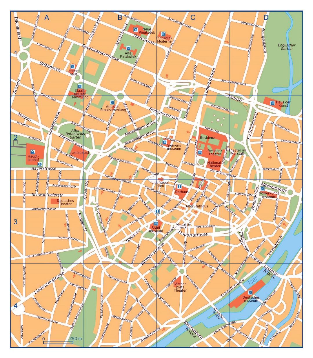 Large detailed map of central part of Munich city with street names