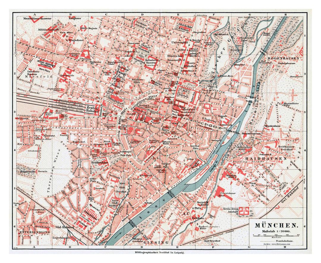 Large detailed old map of Munich city