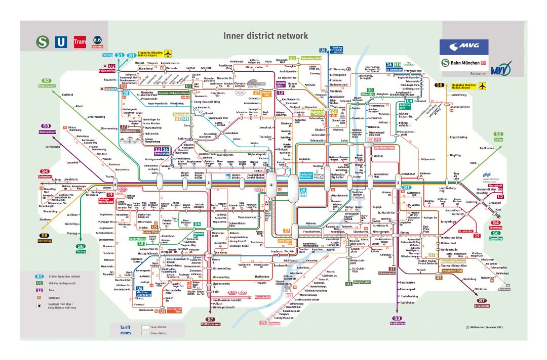 Large detailed public transport map of Munich city - 2012