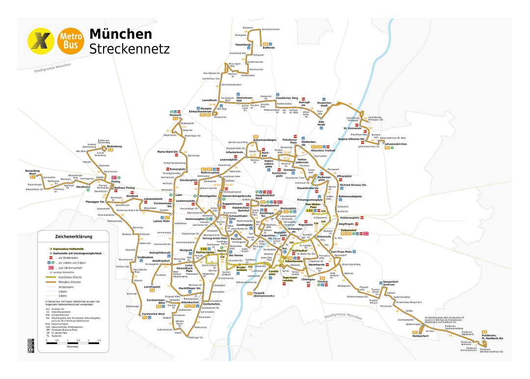 Large detailed public transport map of Munich city