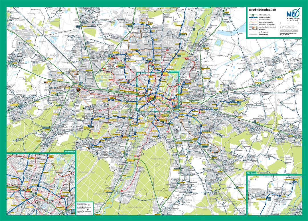 Large detailed public transport network map of Munich city - 2006