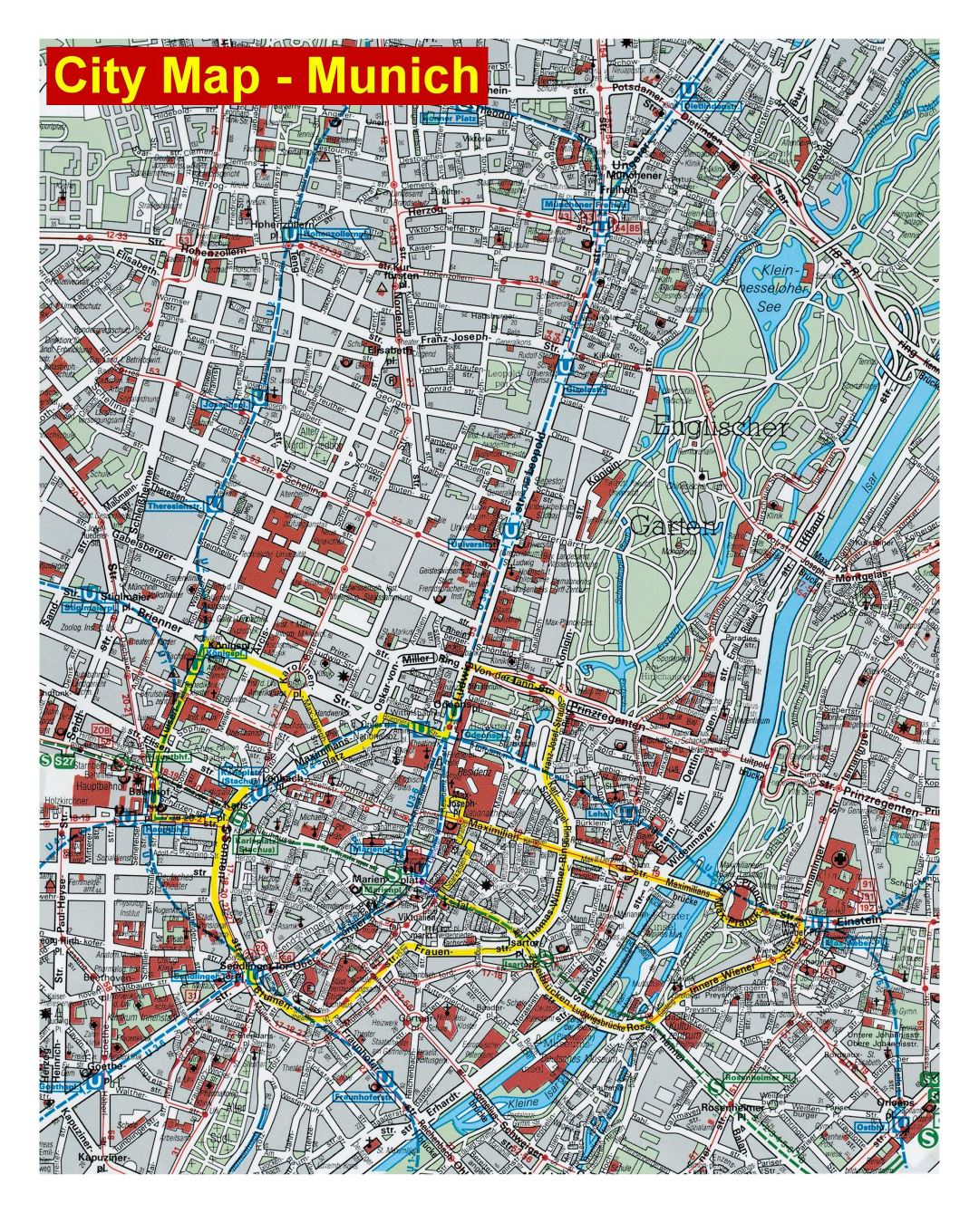 Large detailed street map of central part of Munich city