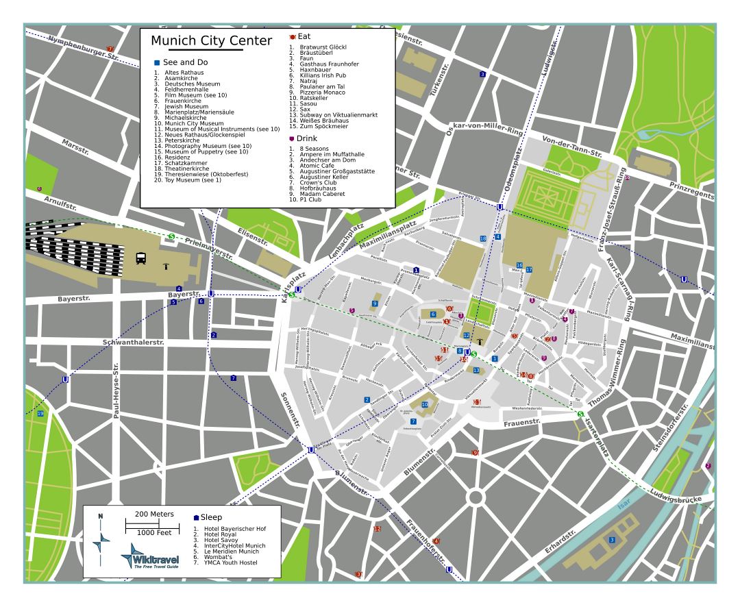 Large detailed tourist map of Munich city center