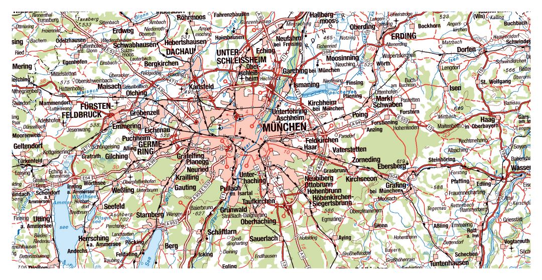 Large map of Munich city area with roads