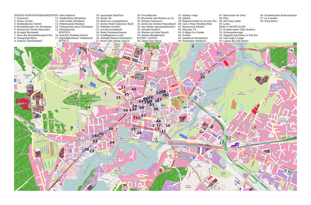 Large detailed tourist attractions map of Potsdam