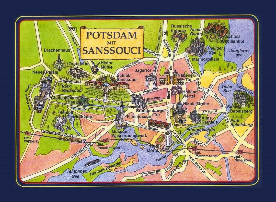 Large tourist illustrated map of Sanssouci-Potsdam
