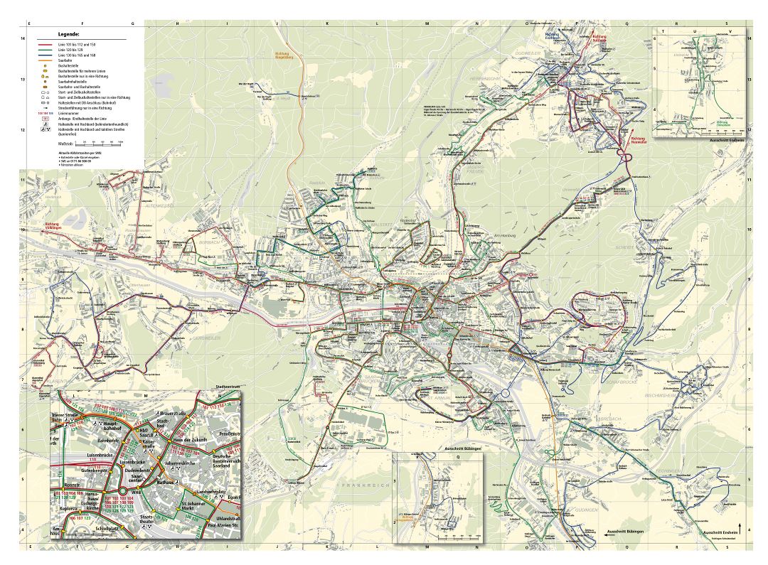 Large detailed public transport map of Saarbrucken city