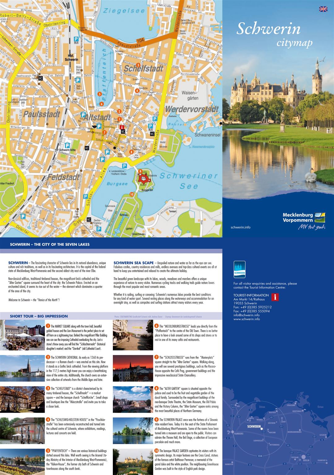 Large detailed tourist map of central part of Schwerin city