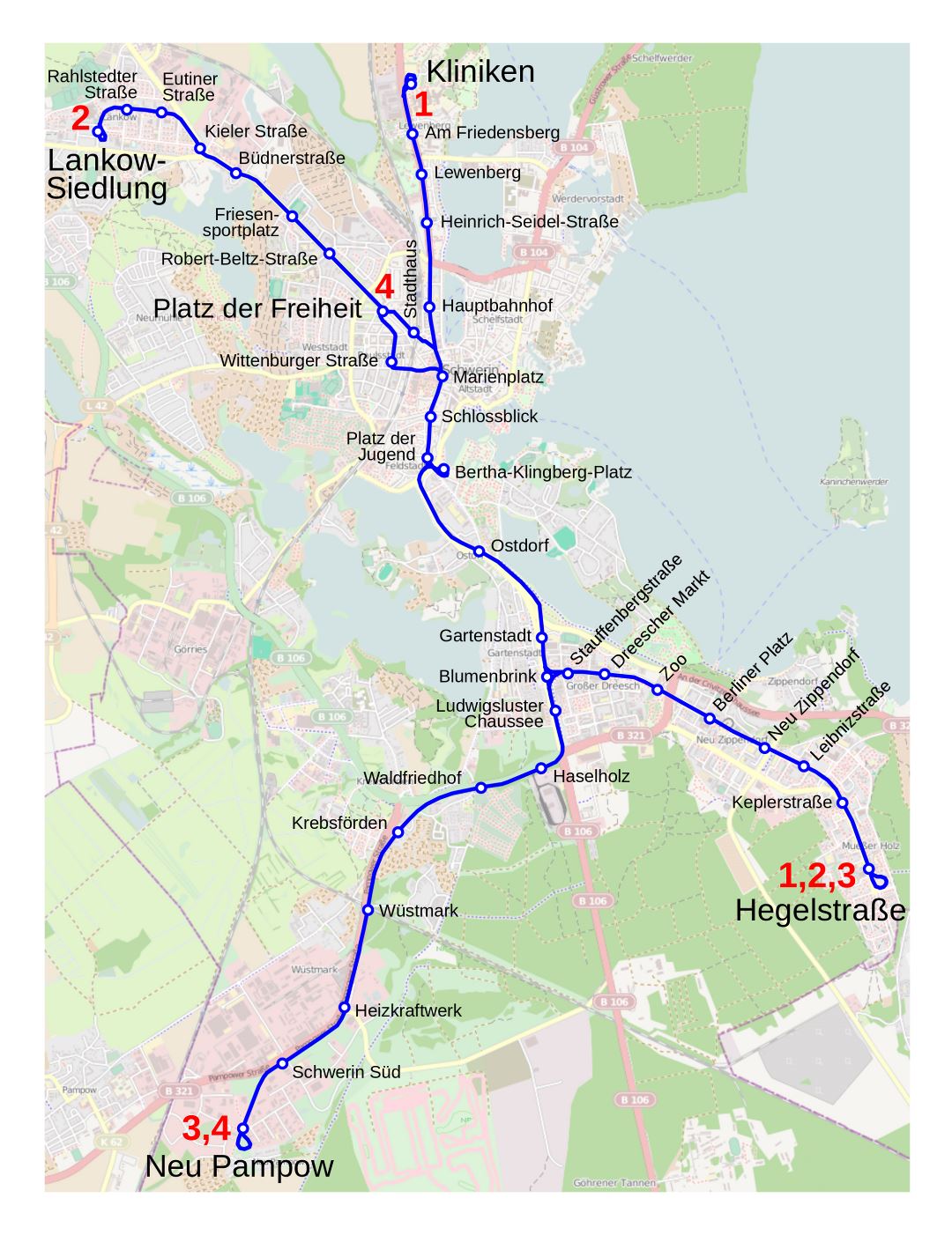 Large detailed tram map of Schwerin city