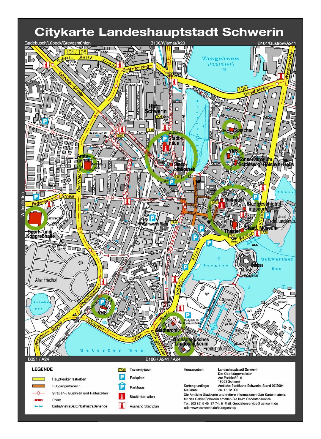 Large detailed travel map of central part of Schwerin city