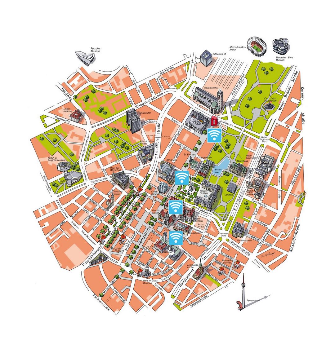 Detailed free WiFi map of central part of Stuttgart city
