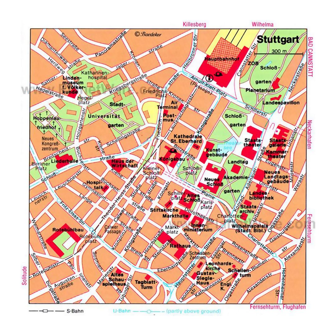 Detailed map of central part of Stuttgart city