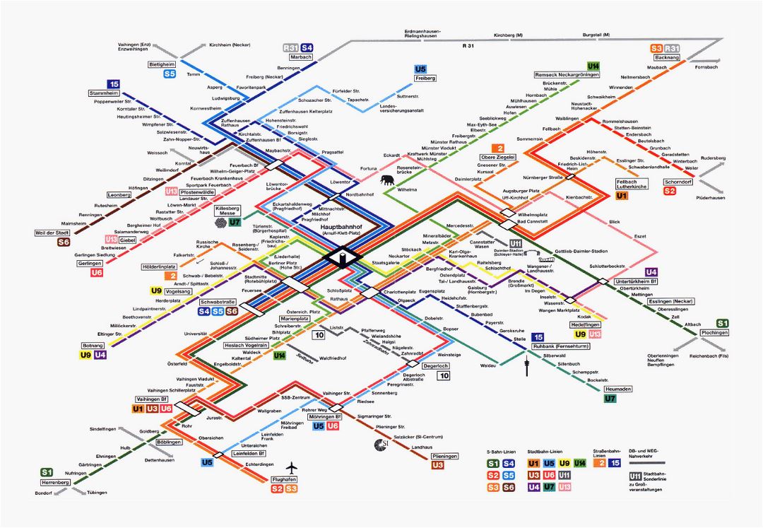 Detailed metro and rail map of Stuttgart city