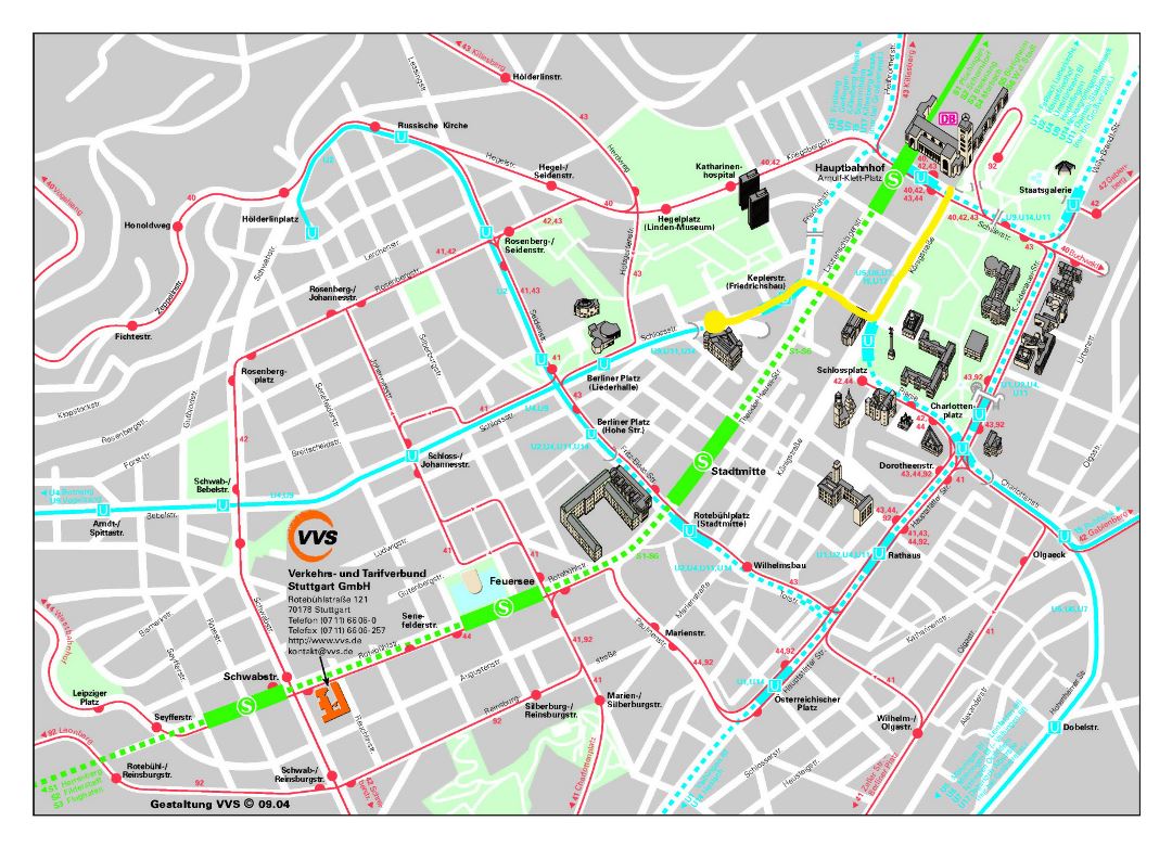 Detailed street map of central part of Stuttgart city
