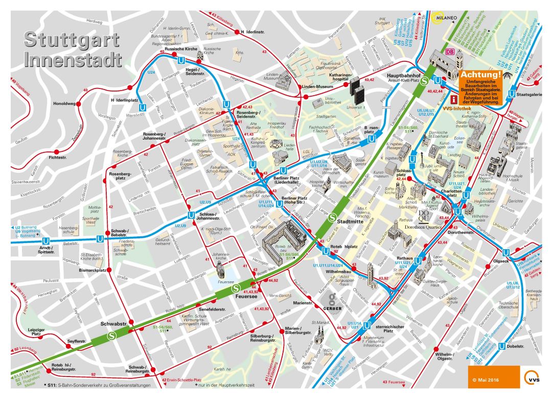 Large detailed map of central part of Stuttgart city