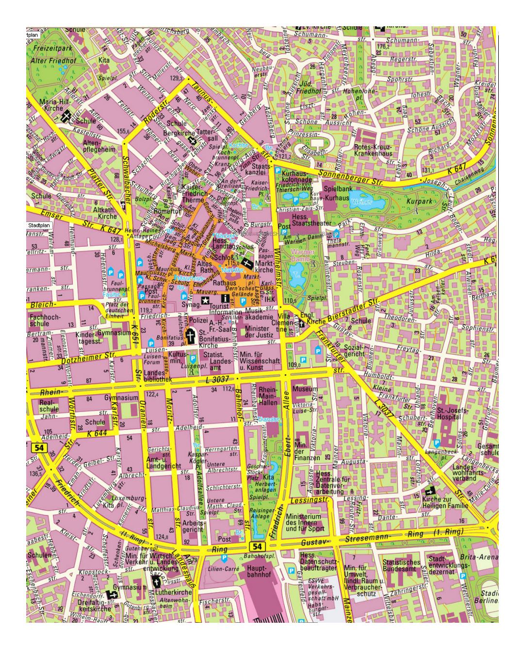Detailed street map of central part of Wiesbaden