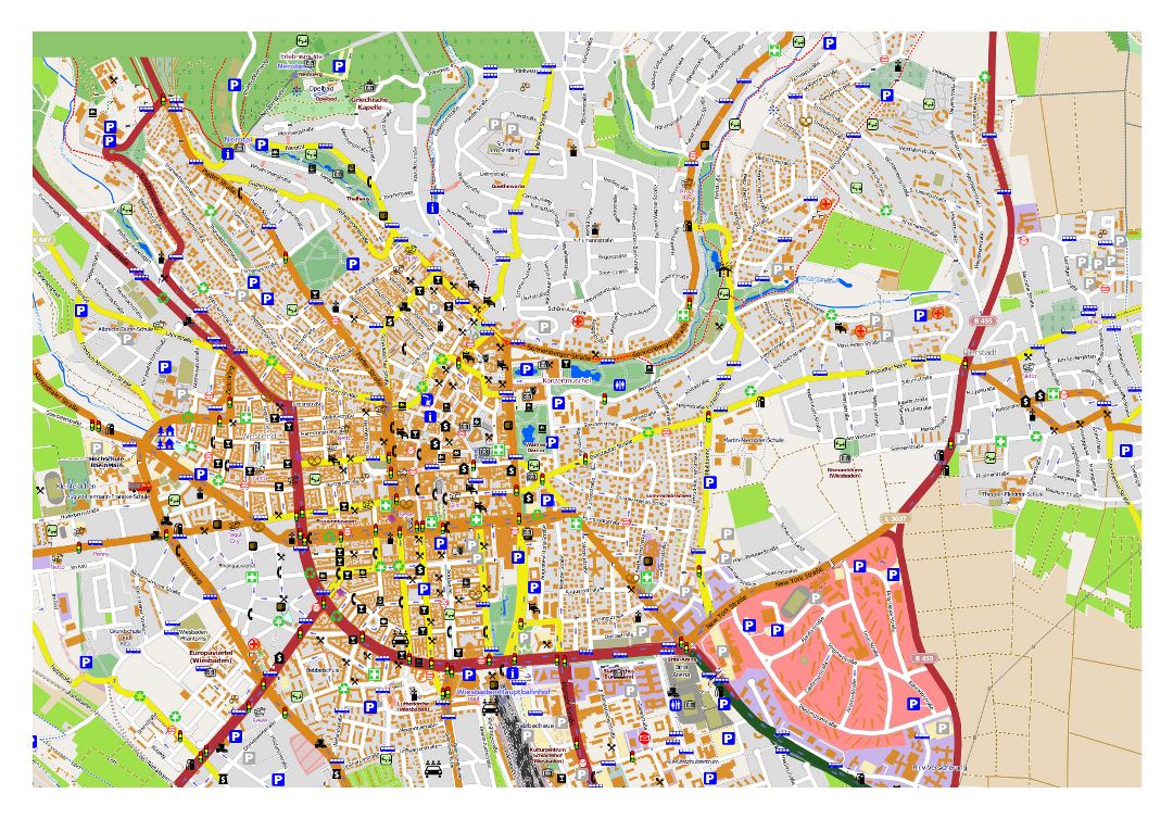 Large detailed map of Wiesbaden city with other marks