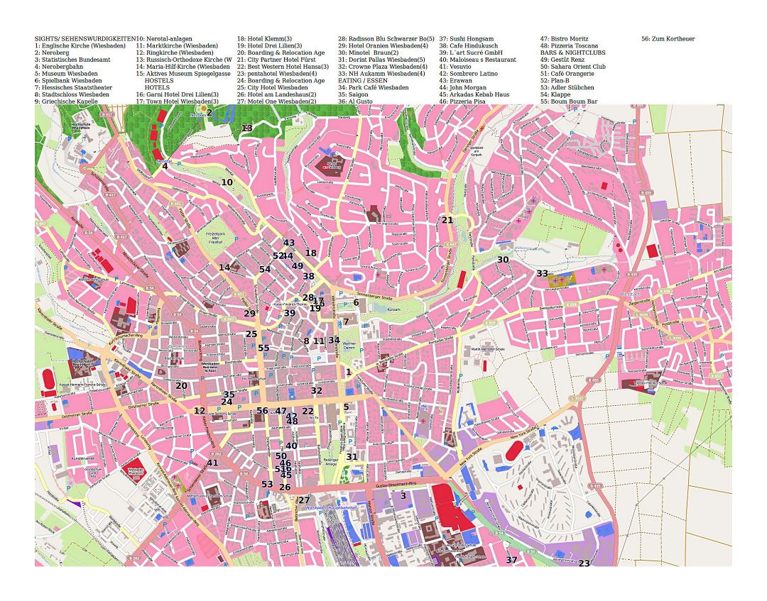 Large tourist map of Wiesbaden city