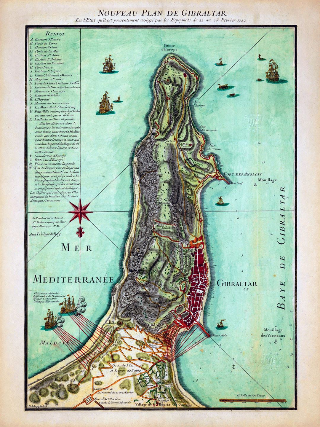 Detailed old map of Gibraltar with relief - 1727