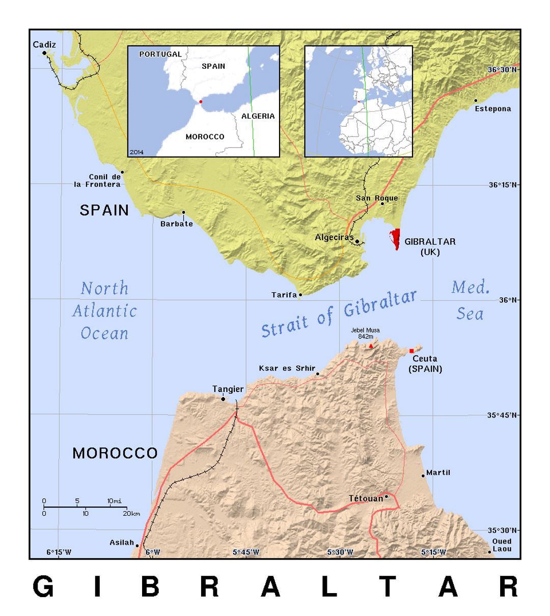Detailed political map of Gibraltar with relief | Gibraltar | Europe