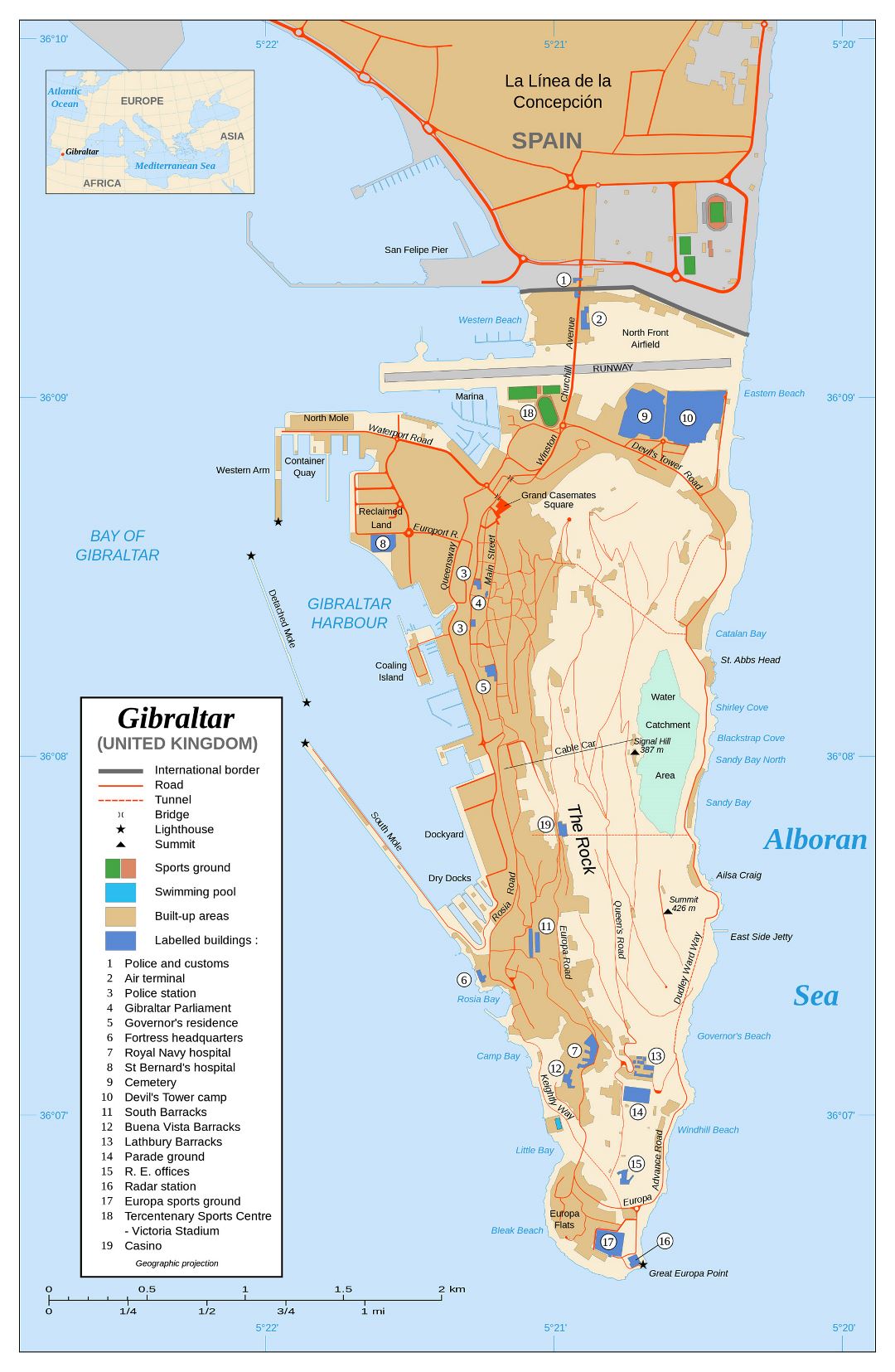 Large detailed map of Gibraltar with buildings