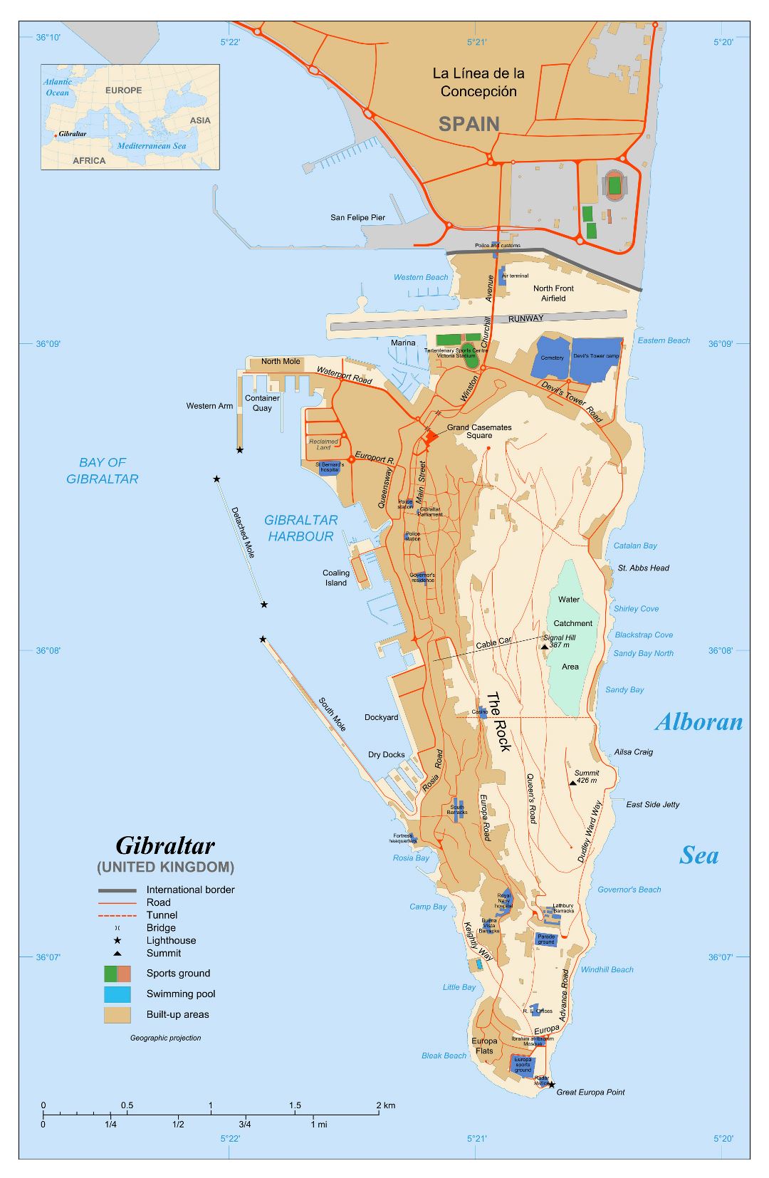 Large detailed map of Gibraltar with roads