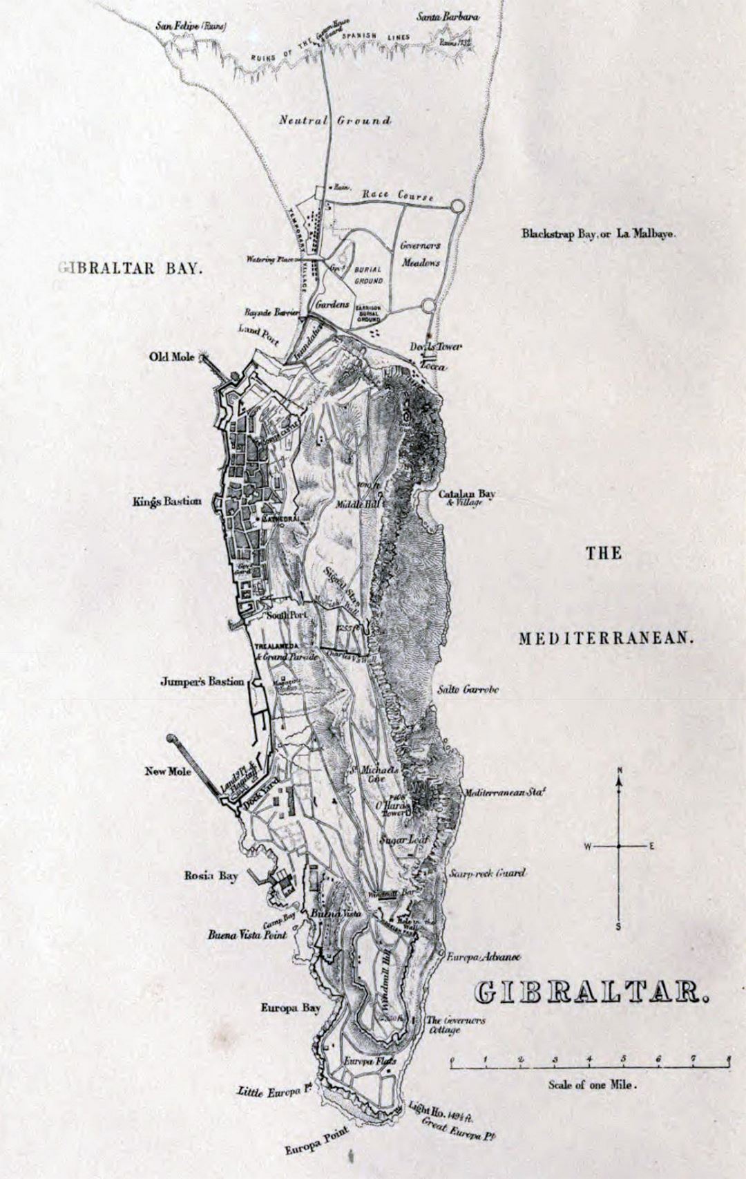 Large detailed old map of Gibraltar with relief - 1873