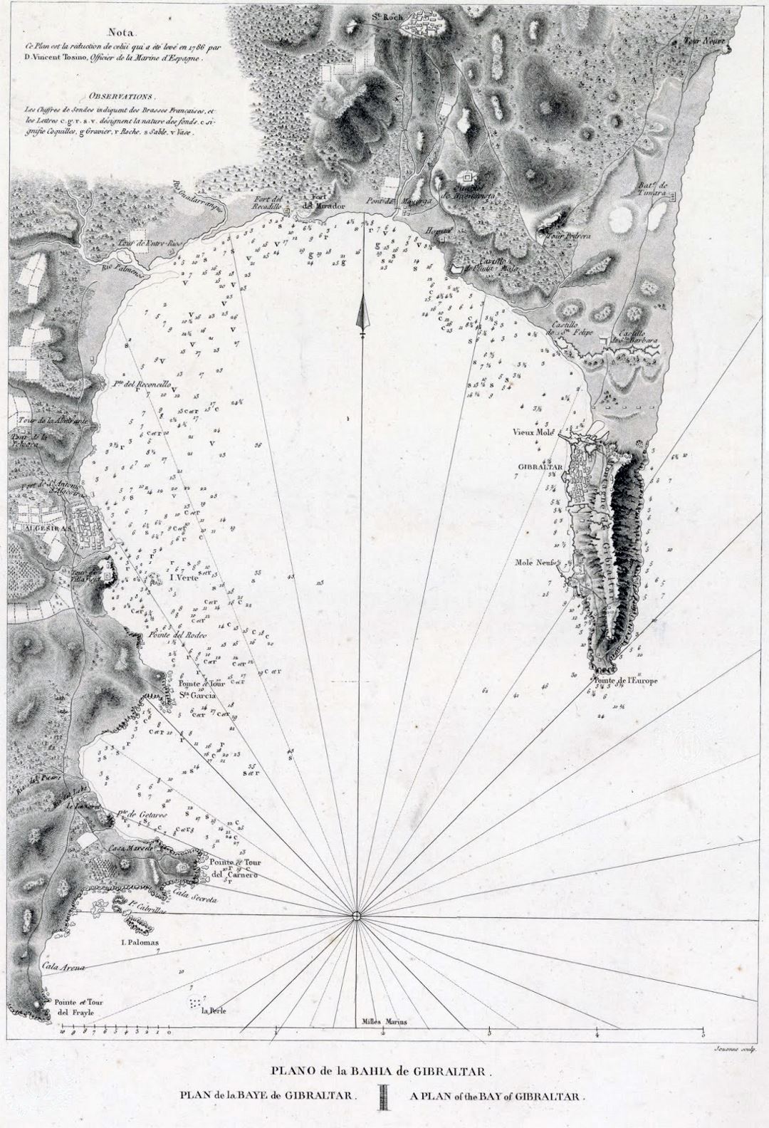 Large old map of Gibraltar with relief - 1786