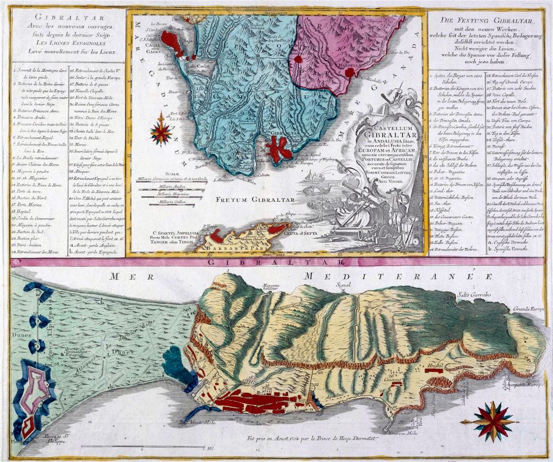 Large old panoramic map of Gibraltar - 1756