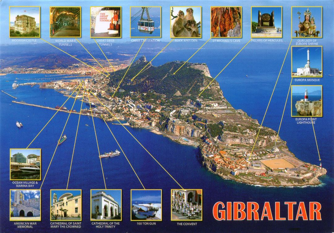 Large tourist panoramic map of Gibraltar