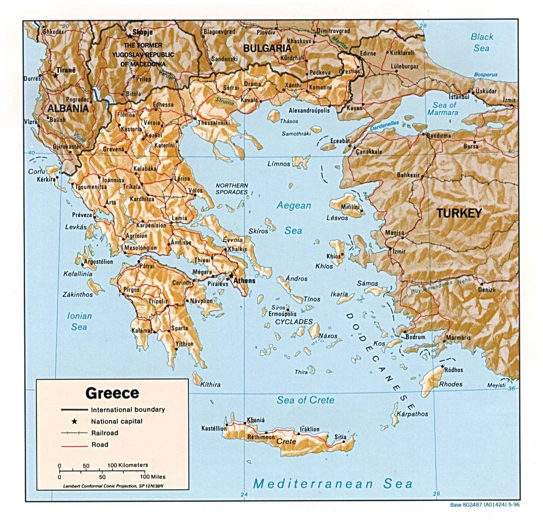 Detailed political map of Greece with relief, roads and major cities - 1996