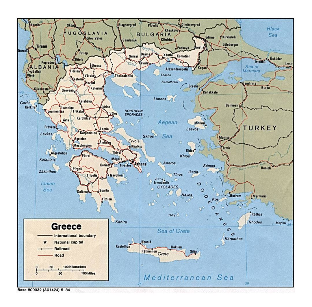 Detailed political map of Greece with roads and major cities - 1984