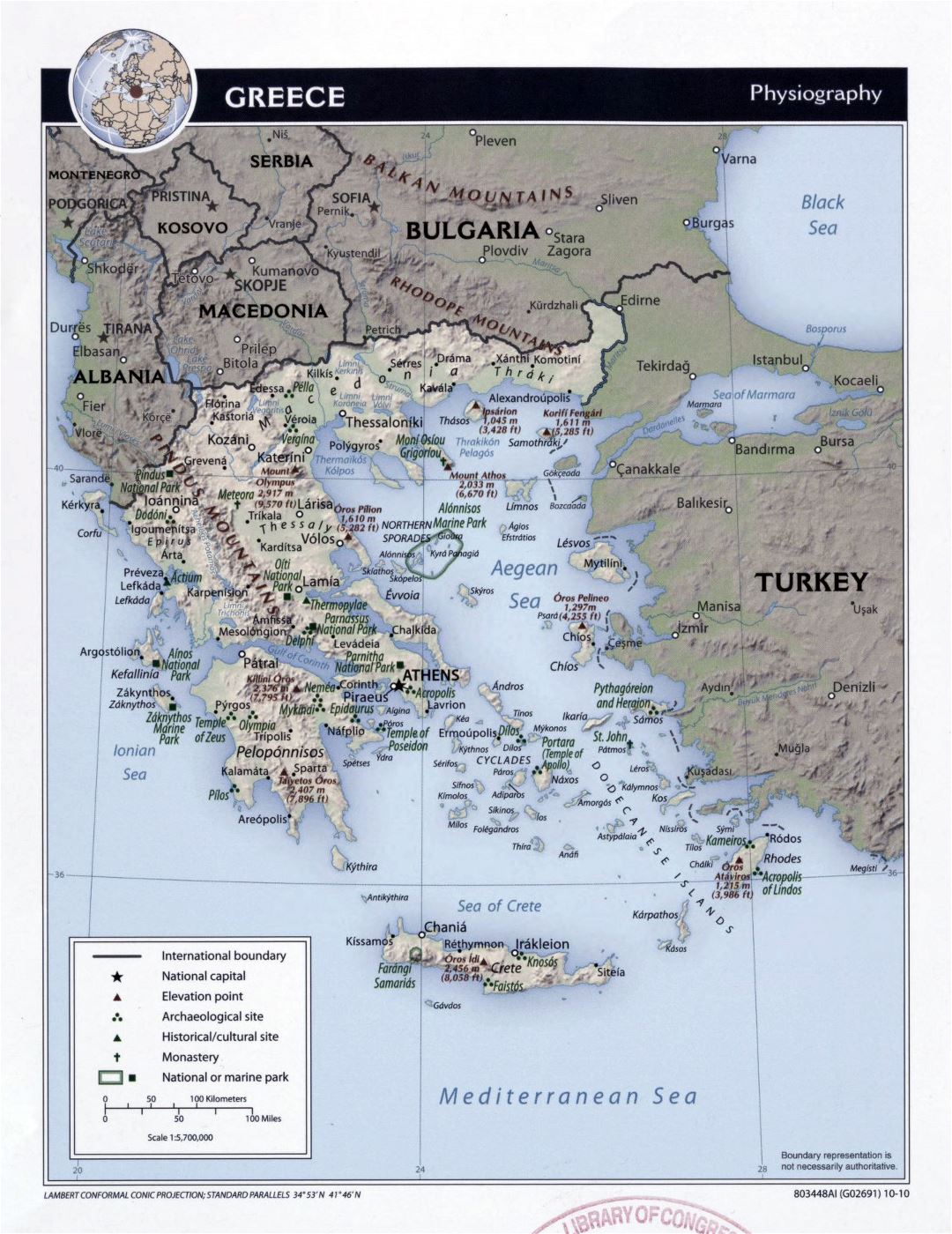 Large detailed physiography map of Greece - 2010