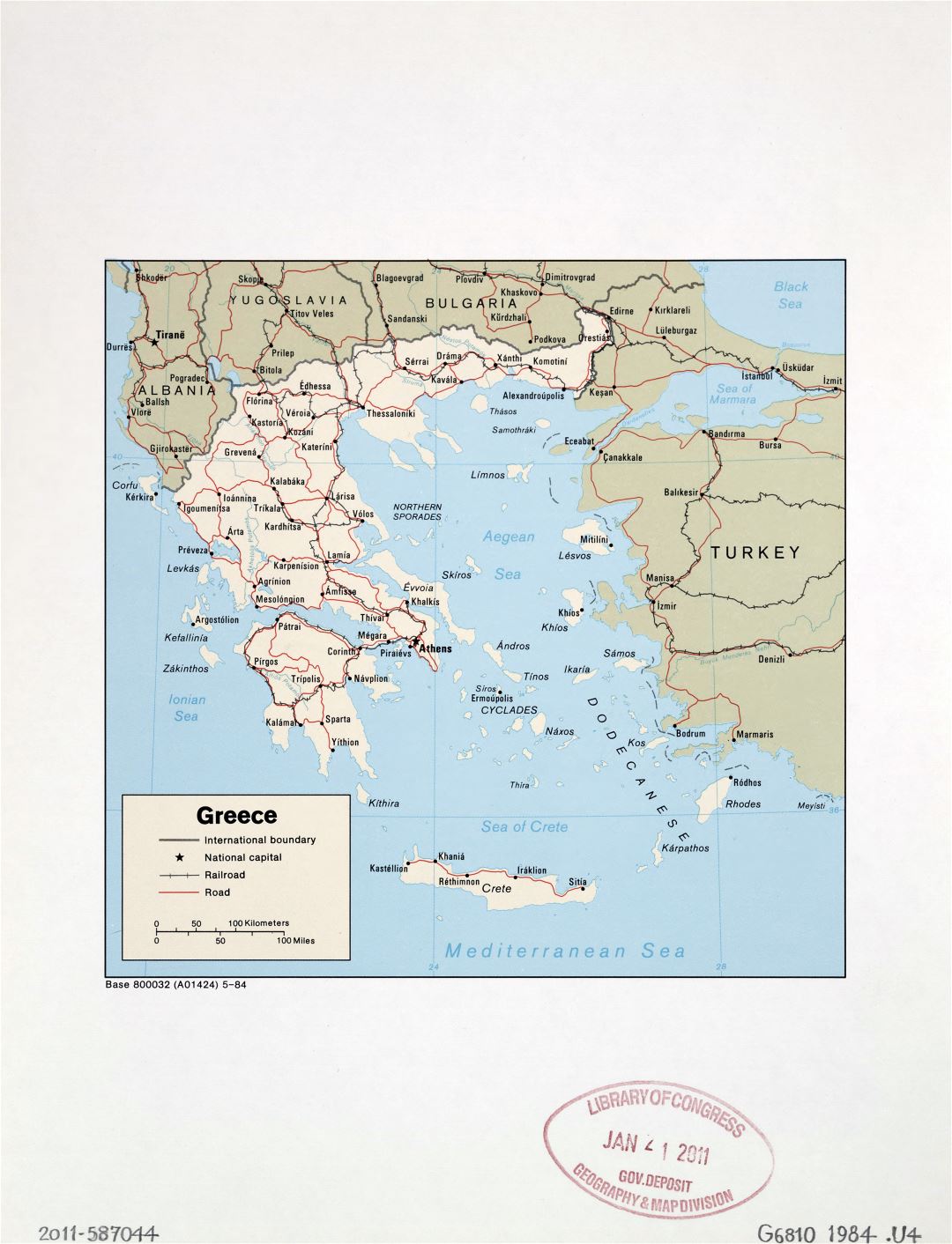 Large detailed political map of Greece with marks of roads, railroads and major cities - 1984