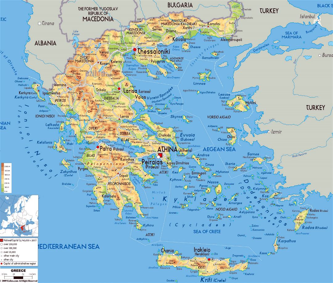 Large physical map of Greece with roads, cities and airports