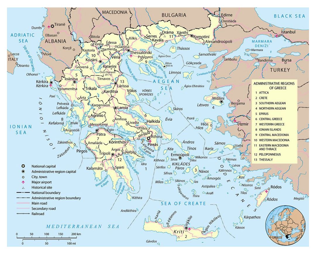 Large political and administrative map of Greece with roads, cities, airports and other marks