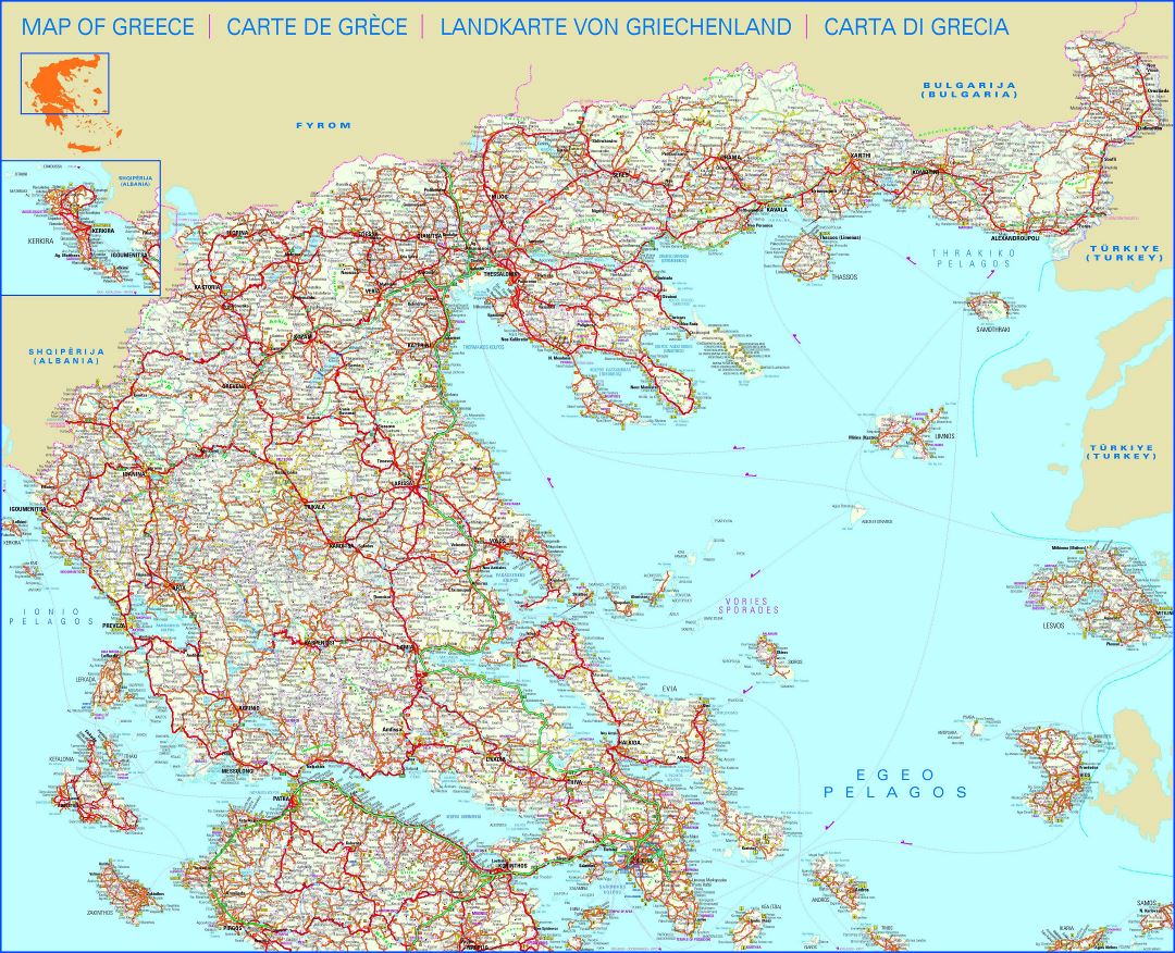 Large road map of Greece with all cities